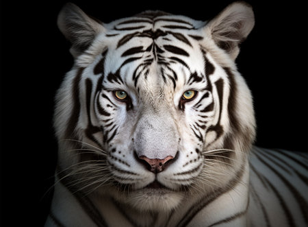 Detailed portrait of white tiger face, isolated on black background. generative aiの素材