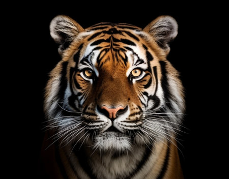 Detailed portrait of a tiger's face, isolated on black background. generative aiの素材
