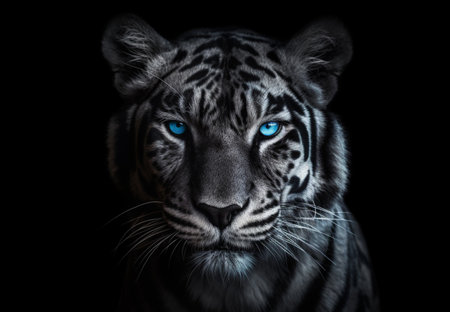 Detailed portrait of white tiger face, isolated on black background. generative aiの素材