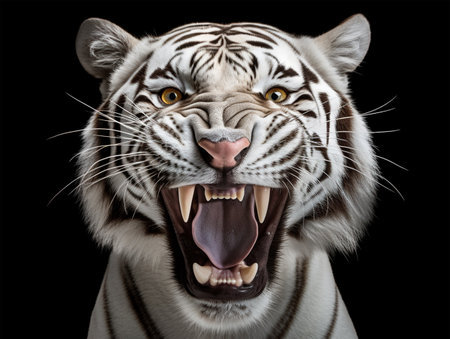 Detailed portrait of a roaring white tiger face, isolated on black background. generative aiの素材