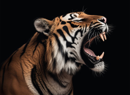 Detailed portrait of a roaring tiger's face, isolated on black background. generative aiの素材