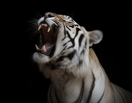 Detailed portrait of a roaring white tiger face, isolated on black background. generative aiの素材