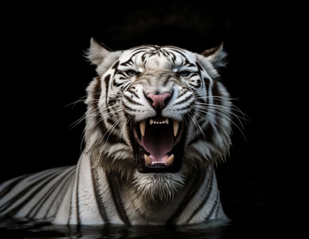 Detailed portrait of a white tiger's face that is roaring and soaking in the water, isolated on black background. generative aiの素材