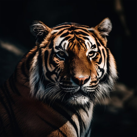Detailed portrait of a tiger's face, isolated on black background. generative aiの素材
