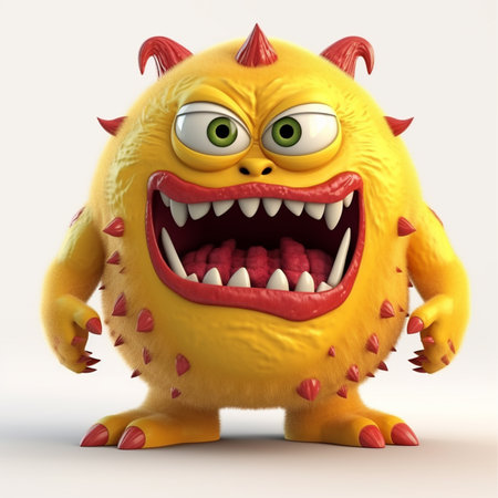 yellow cute monster character, with angry expression, 3d animation, isolated on white background, generative aiの素材