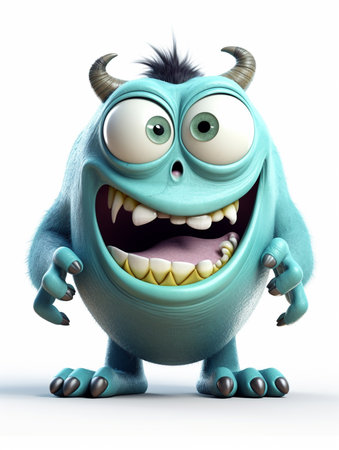 blue cute monster character, 3d animation, isolated on white background, generative aiの素材