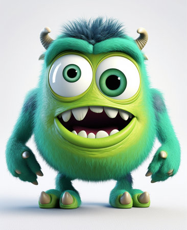 blue cute monster character, 3d animation, isolated on white background, generative aiの素材