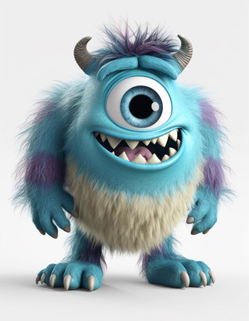 blue cute monster character, 3d animation, isolated on white background, generative aiの素材