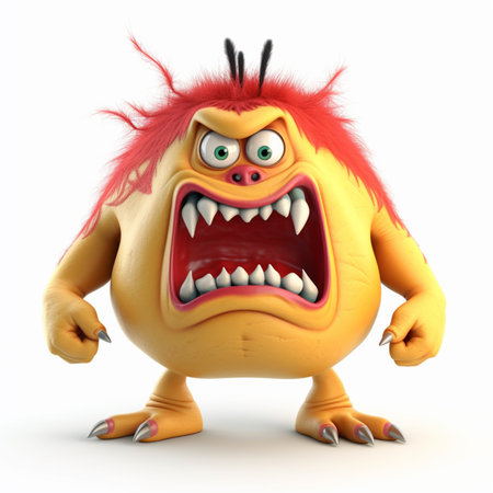 yellow cute monster character, with angry expression, 3d animation, isolated on white background, generative aiの素材