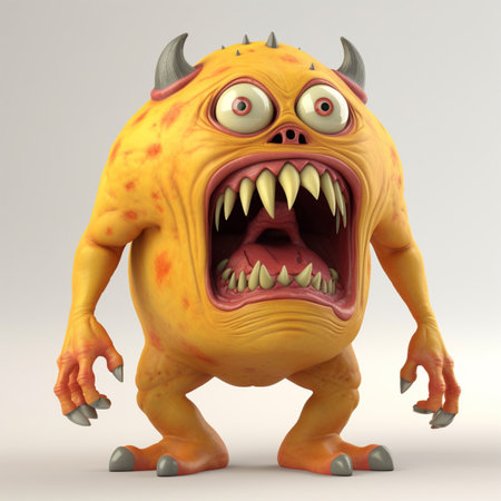 yellow cute monster character, with angry expression, 3d animation, isolated on white background, generative aiの素材