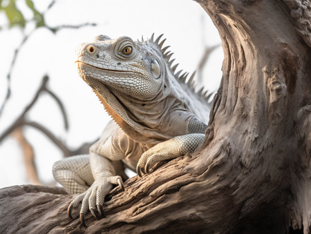 Detailed studio portrait of iguana on a tree branch, isolated on white background, generative aiの素材