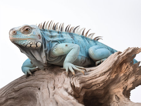 Studio portrait of a blue iguana on a tree branch. isolated on white background. ai generativeの素材