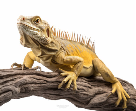 Studio portrait of a yellow iguana on a tree branch. isolated on white background. ai generativeの素材