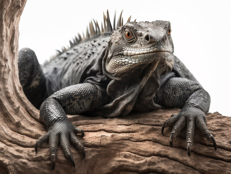 Studio portrait of black iguana on a tree branch. isolated on white background. ai generativeの素材