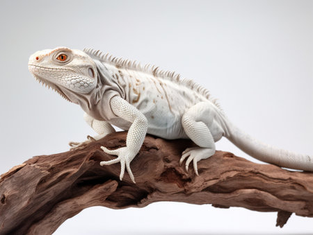 Studio portrait of white iguana on a tree branch. isolated on white background. ai generativeの素材