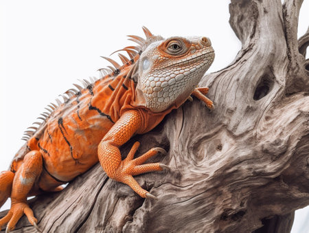 Studio portrait of an orange iguana on a tree branch. isolated on white background. ai generativeの素材
