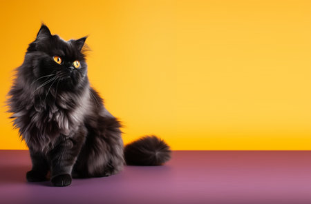 black persian cat portrait yellow and purple background. with copy space. generative aiの素材