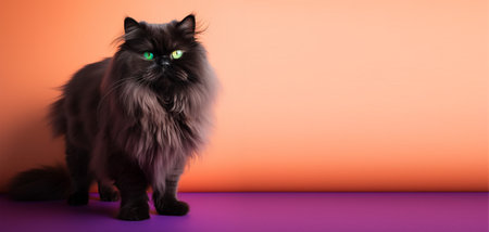 black persian cat portrait orange and purple background. with copy space. generative aiの素材