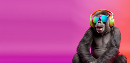 close up portrait of gorilla wearing glasses and headset, pleasant smile expression, listening to music concept happily, on colorful copy space background. generative aiの素材