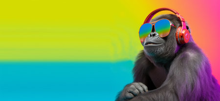 close up portrait of gorilla wearing glasses and headset, pleasant smile expression, listening to music concept happily, on colorful copy space background. generative aiの素材