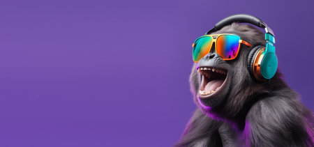 close up portrait of gorilla wearing glasses and headset, pleasant smile expression, listening to music concept happily, on copy space background. generative aiの素材