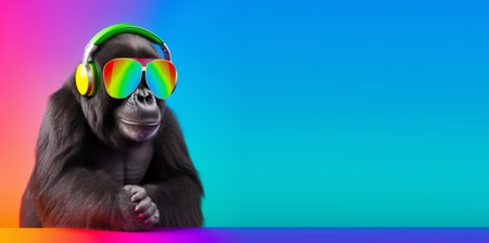 close up portrait of gorilla wearing glasses and headset, pleasant smile expression, listening to music concept happily, on colorful copy space background. generative aiの素材