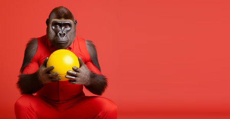 Studio shot of a gorilla wearing a red shirt holding a ball, stylized as a sports model, against a red copy space background. generative aiの素材