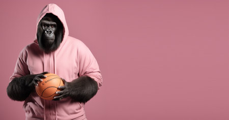 Studio shot of a gorilla in a jacket holding a basketball, stylized as a sports model, on a pastel pink copy space background. generative aiの素材