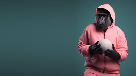 Studio portrait of a gorilla in a jacket holding a ball, stylized as a sports model, against a green copy space background. generative aiの素材