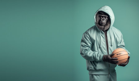 Studio portrait of a gorilla in a jacket holding a basketball, stylized as a sports model, against a green copy space background. generative aiの素材