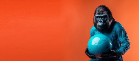 Studio shot of gorilla in dress holding ball, stylized as sports model, against orange copy space background. generative aiの素材