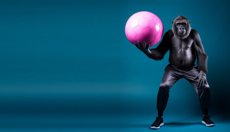 Studio shot of gorilla in dress holding ball, stylized as sports model, against blue copy space background. generative aiの素材