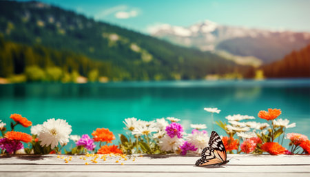 empty wooden table decorated with colorful flowers. Blurred lake and mountain view background. copy space. For product displays. templates, media, printing, etc., generate aiの素材