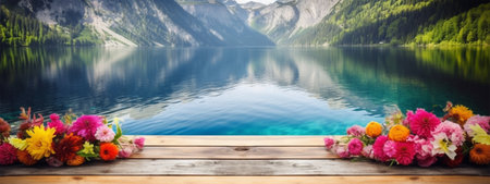 empty wooden table decorated with colorful flowers. Blurred lake and mountain view background. copy space. For product displays. templates, media, printing, etc., generate aiの素材