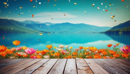 empty wooden table decorated with colorful flowers. Blurred lake and mountain view background. copy space. For product displays. templates, media, printing, etc., generate aiの素材