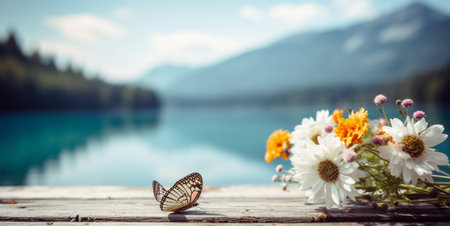 empty wooden table decorated with colorful flowers. Blurred lake and mountain view background. copy space. For product displays. templates, media, printing, etc., generate aiの素材
