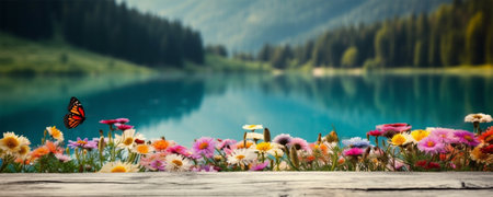 empty wooden table decorated with colorful flowers. Blurred lake and mountain view background. copy space. For product displays. templates, media, printing, etc., generate aiの素材
