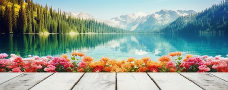 empty wooden table decorated with colorful flowers. Blurred lake and mountain view background. copy space. For product displays. templates, media, printing, etc., generate aiの素材