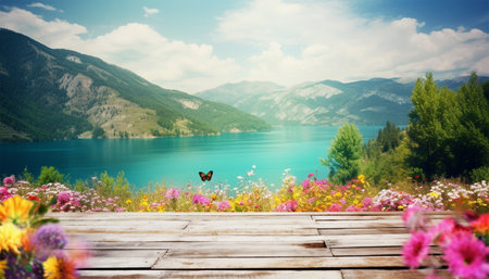 empty wooden table decorated with colorful flowers. Blurred lake and mountain view background. copy space. For product displays. templates, media, printing, etc., generate aiの素材