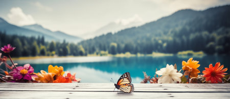 empty wooden table decorated with colorful flowers. Blurred lake and mountain view background. copy space. For product displays. templates, media, printing, etc., generate aiの素材
