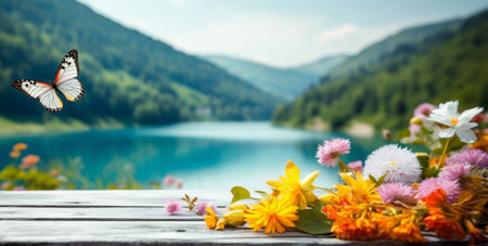 empty wooden table decorated with colorful flowers. Blurred lake and mountain view background. copy space. For product displays. templates, media, printing, etc., generate aiの素材