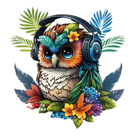 cute owl wearing headset. A fun colorful design decorated with trees and flowers. suitable for print designs such as t-shirt designs, stickers, etc.の素材