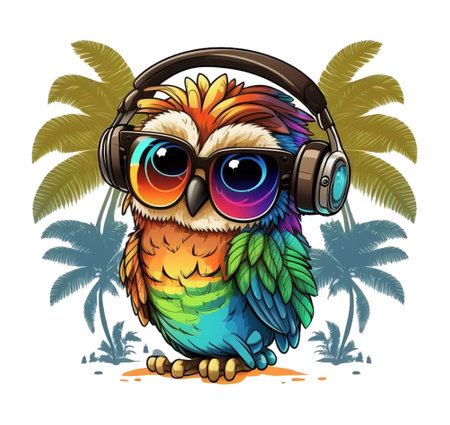 cute owl wearing glasses and headset. A fun colorful design decorated with trees and flowers. suitable for print designs such as t-shirt designs, stickers, etc.の素材