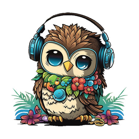 cute owl wearing headset. A fun colorful design decorated with trees and flowers. suitable for print designs such as t-shirt designs, stickers, etcの素材