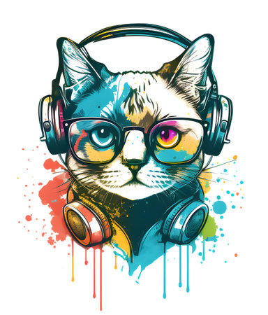 cute cat wearing glasses and headset, fun colorful concept, ideal for print designs like t-shirt designs, stickers, etc. generative aiの素材
