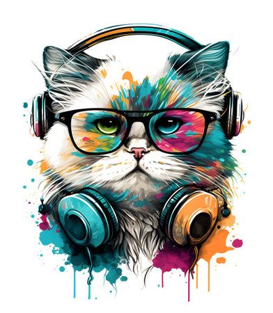 cute cat wearing glasses and headset, fun colorful concept, ideal for print designs like t-shirt designs, stickers, etc. generative aiの素材