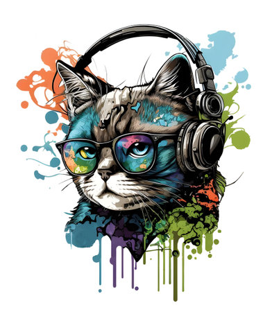 cute cat wearing glasses and headset, fun colorful concept, ideal for print designs like t-shirt designs, stickers, etc. generative aiの素材