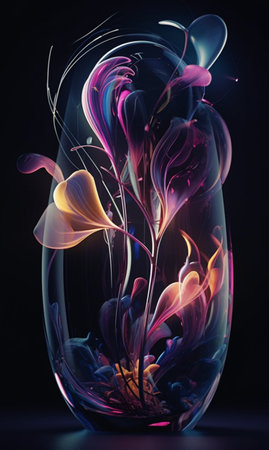 Colorful abstract flower in a glass vase on a black backgroundの素材