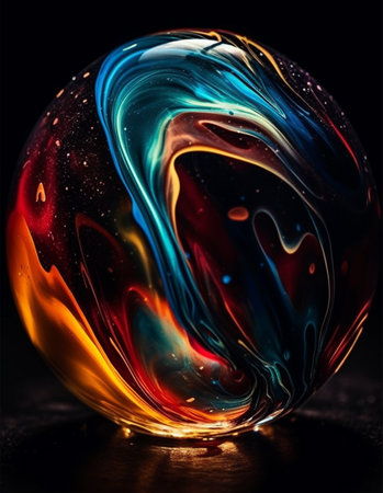 Colorful glass sphere with reflection on black background. Abstract background.の素材