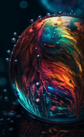 Colorful soap bubbles with reflection on black background. 3D illustrationの素材